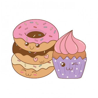 Deliziose ciambelle dolci con personaggi kawaii cupcake