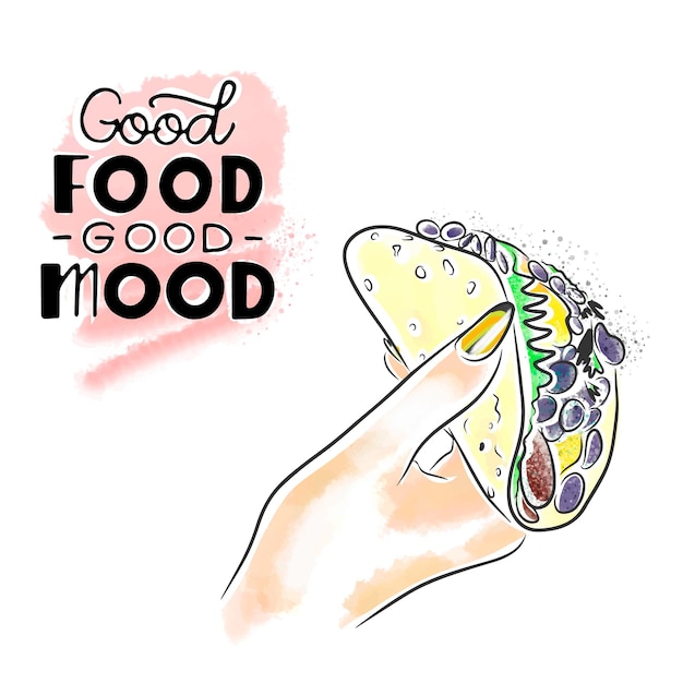 Delicious tacos in hand with a beautiful manicure lettering watercolor