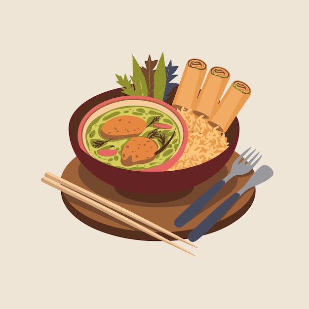 맛있는 태국 그린 커리 와 스프링 롤 과 