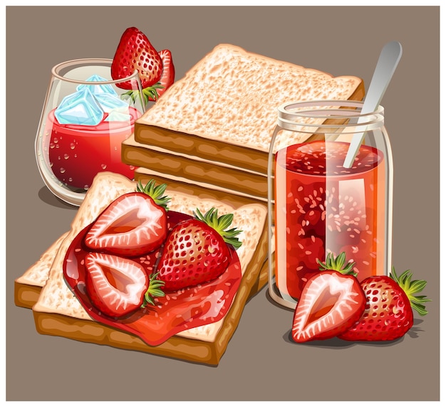 Delicious toast with sweet jam and strawberry juice served for breakfast