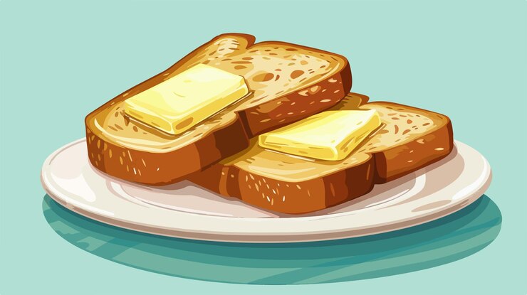 Vector delicious toasted bread with butter on plate in vector style