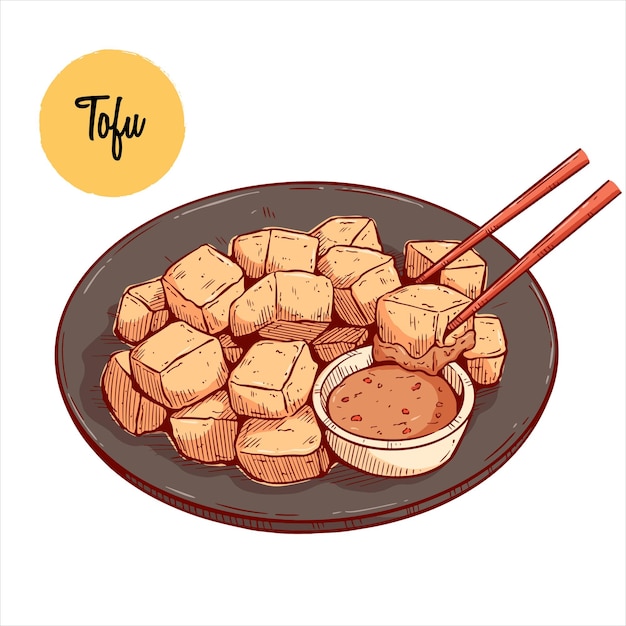 Vector delicious tofu with peanut sauce on black plate. chinese food with colored hand drawing style