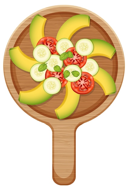Вектор Вкусный салат из авокадо, вид сверху на деревянной тарелке