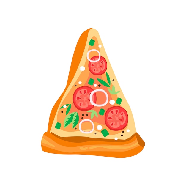 Delicious triangle slice of pizza with tomatoes onion rings basil leaves and condiments Fast food icon Cartoon graphic element for mobile app or cafe menu Isolated flat vector illustration