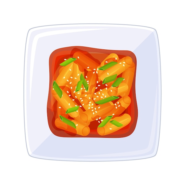 Vector delicious tteokbokki korean spicy rice cake top view asian food topokki