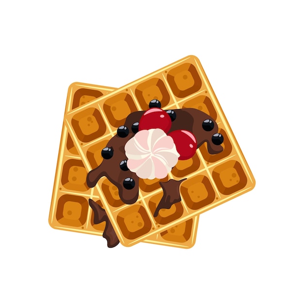 Vettore deliziosi waffle ricoperti di cioccolato fuso con frutti di bosco e panna