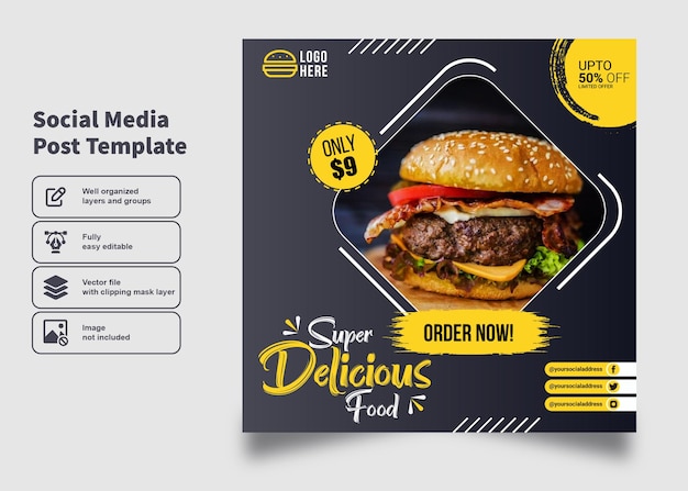 Delicious zinger burger flyer and poster design for social media post template