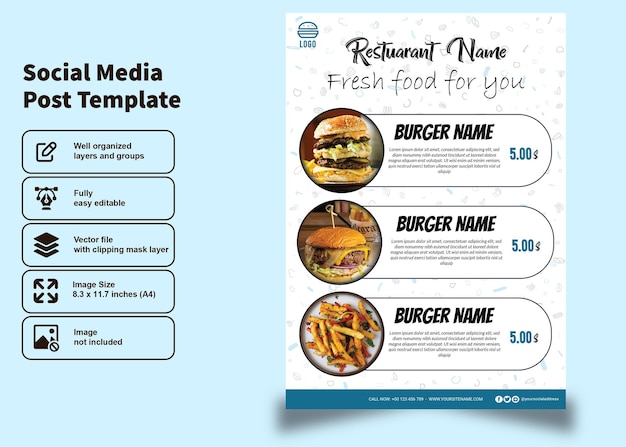 소셜 미디어 게시물 템플릿을 위한 맛있는 징거 버거 레스토랑 메뉴 전단지 및 포스터