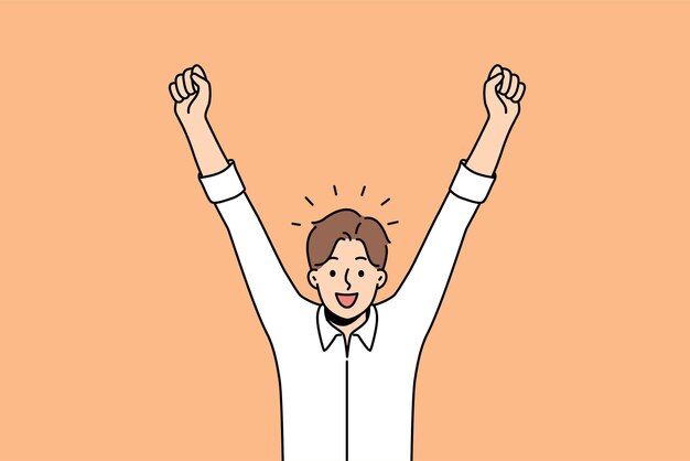 Premium Vector  Delighted man celebrates victory by raising hands up and  rejoicing in career achievements or end working day business man shouts  with smile and is delighted with amazing news promising