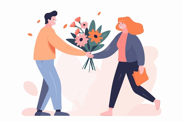 Delighted woman receives flowers from delivery person Joyful girl obtains flower arrangement for birthday or anniversary Vector graphic