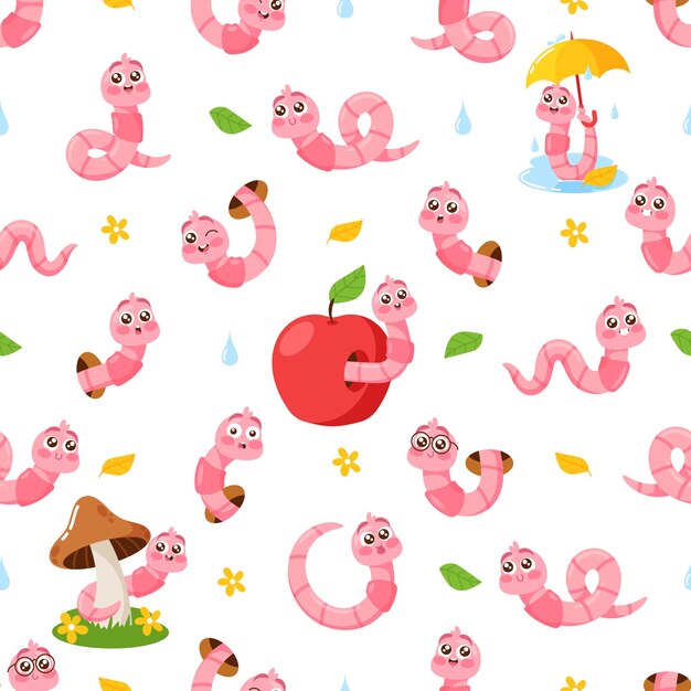 Delightful Seamless Pattern Featuring Cute Adorable Cartoon Worms With Apples Mushrooms Autumn Leaves
