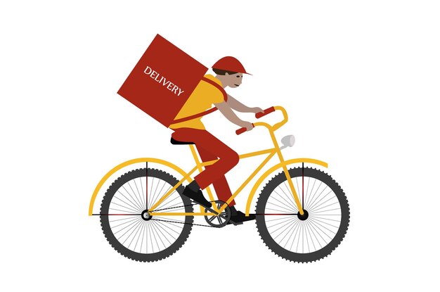 Premium Vector Delivering by bike courier by bicycle with food box online order and food express delivery concept