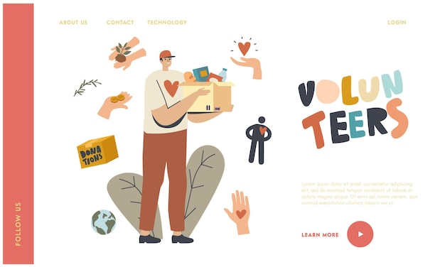 Delivering Medicine, Food to Senior People During Pandemic Landing Page Template. Delivery Man, Volunteer or Courier Character in Uniform with Heart Print and Box in Hands. Linear Vector Illustration