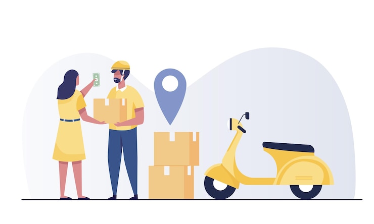 Vector 顧客のドアに注文を届けます。小包を取得する女性。