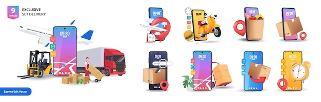 Delivery 3d render vector set Return Trucking Food Express and More Online delivery phone concept