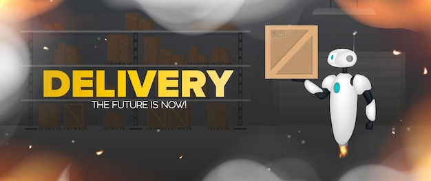 Vector delivery banner. white flying robot is holding a box. warehouse with racks and boxes. cartoon style. vector