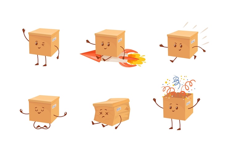 Vector delivery box mascot cartoon parcel characters funny courier packages cute happy sad face of delivery boxes crumpled post cardboard kawaii kid character vector illustration of parcel and package