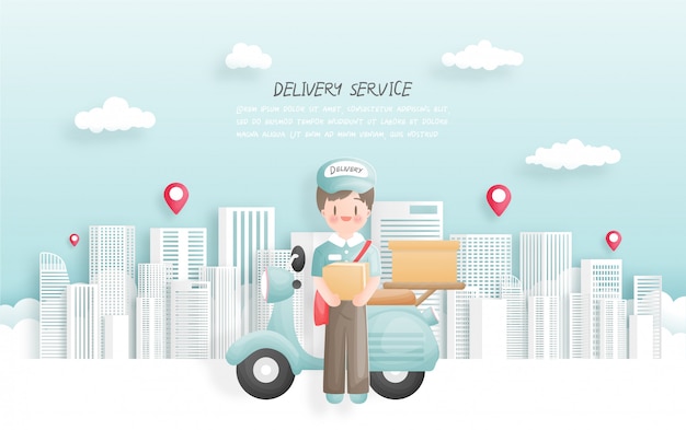 Vector delivery boy delivering package to town with scooter. paper cut style.  illustration.