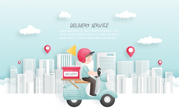 Delivery boy delivering package to town with scooter. paper cut style.  illustration.