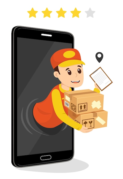 Delivery boy with packages coming out of a cellphone