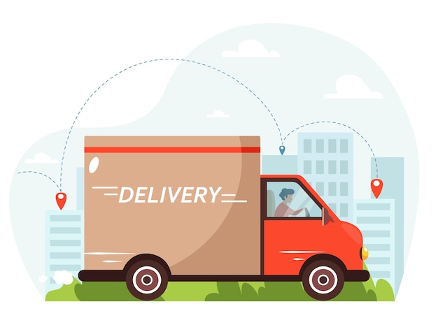 Delivery by truck. courier riding by truck with city background.  in flat style.