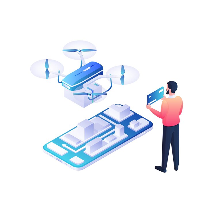 Vector delivery cargo by drones and web payment isometric illustration. male character takes blue credit card and pays off modern quadcopter with blue lines. parcels and online drone service  concept.