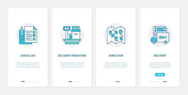 Delivery cargo post service. UX, UI onboarding mobile app set weighing postal box container parcel on scales, check list, direction on map abstract symbols