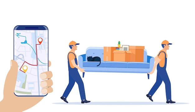 Delivery character man movers carry sofa and smartphone with map app.