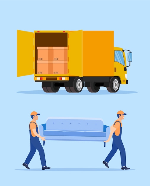 Vector delivery character man movers carry sofa.