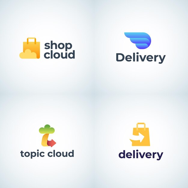 Vettore consegna e cloud storage segni astratti simboli o modelli di logo impostare concetti di emblemi dello shopping co...