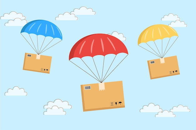 Delivery concept  boxes flying on a parachutes