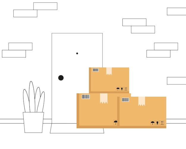 Vettore scatole del concetto di consegna vicino alla porta