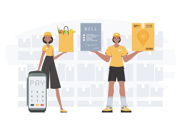 delivery concept delivery team finished poster trendy flat style vector