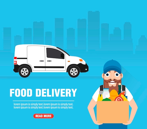 Delivery concept design flat food delivery with deliveryman