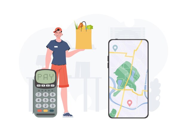 Vector delivery concept a man is holding a bag of food cartoon style vector