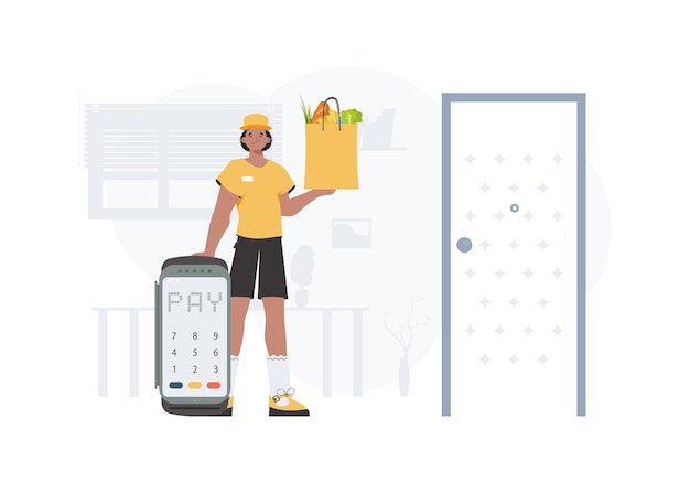 Vector delivery concept a man is holding a bag of food trendy flat style vector