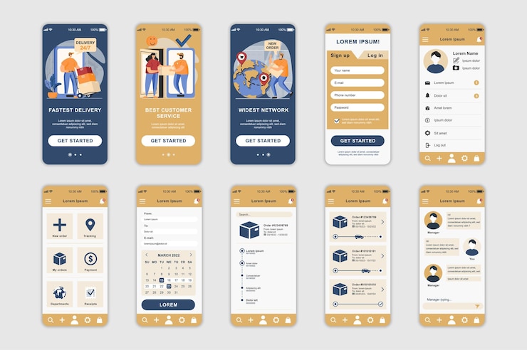 Vector 모바일 앱 템플릿 ui ux gui 사용자 인터페이스 키트에 대해 설정된 전달 개념 화면
