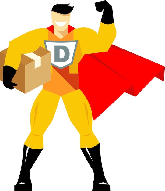 Delivery Concept with Superman Super Hero Courier Holding Box Package