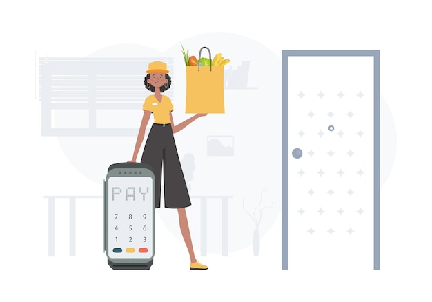 Vector delivery concept a woman is holding a grocery bag trendy flat style vector