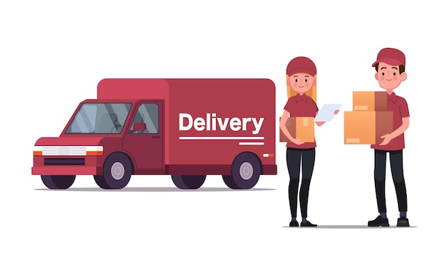 Vector delivery courier carrying packages with delivery truck  illustration