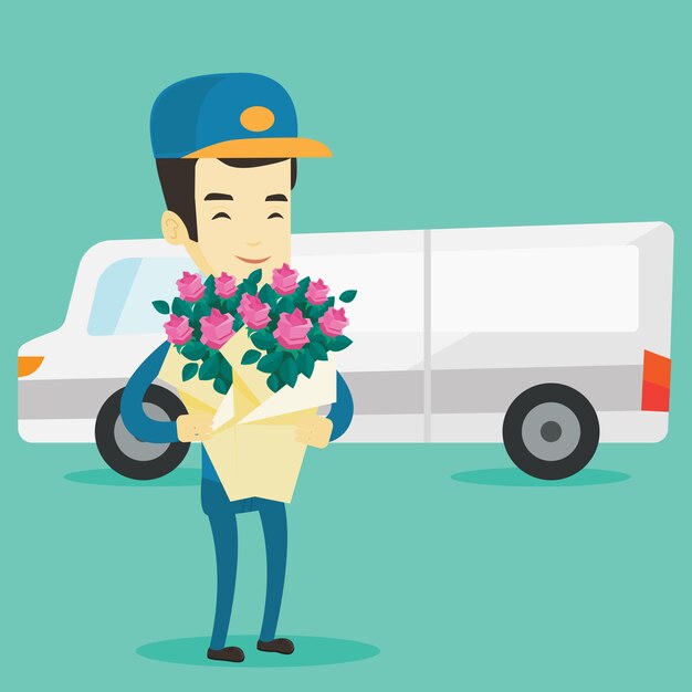 Vector delivery courier holding bouquet of flowers.