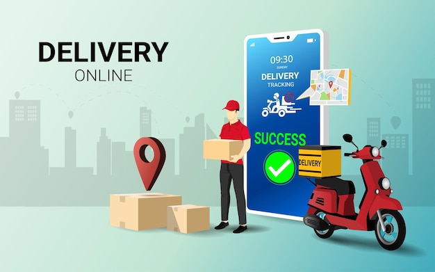 Delivery courier man holding Parcel Box on mobile phone with woman  Fast online delivery service online order Internet ecommerce Concept for website or banner  3D Perspective Vector illustration