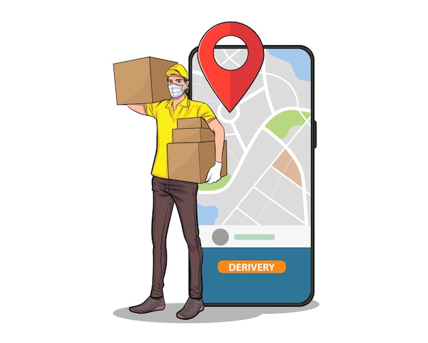 Vector delivery courier man with mask holding parcel and mobile phone with navigator pop art comics style