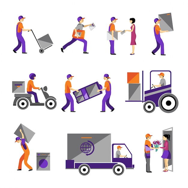 Vector delivery, courier service, person freight logistic business service icons