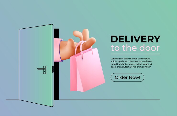 Vector delivery to the door service promotion web banner design template with 3d rendered couriers hand