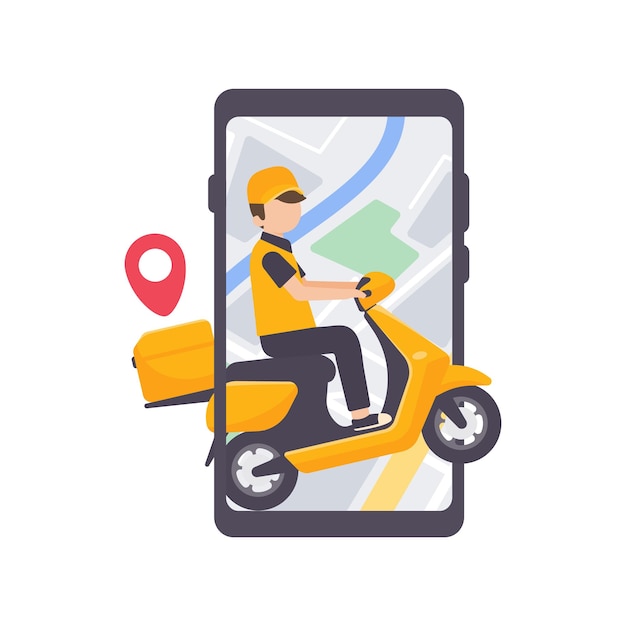 L'autista della consegna guida attraverso un telefono cellulare con un concetto di consegna di cibo online con schermo mappa