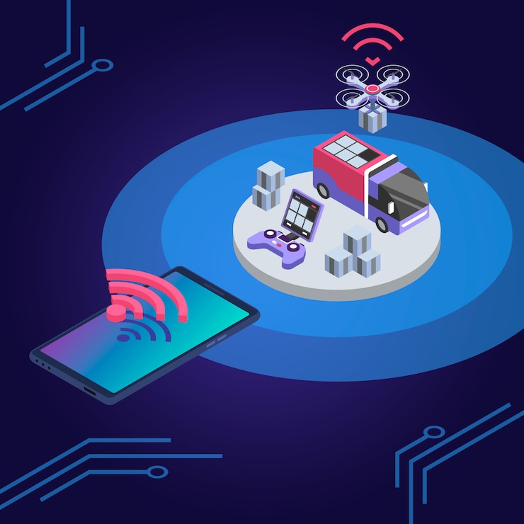 Vector delivery drone remote control isometric color illustration. uav delivering parcel. courier service smart technologies. shipment monitoring smartphone app 3d concept isolated on blue background