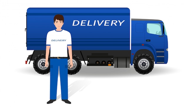 Delivery employee in uniform and company truck on white