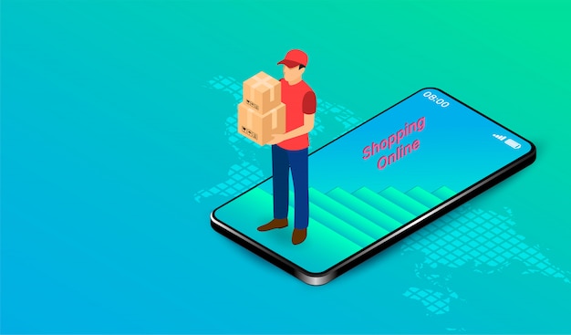 Delivery express by parcel delivery person on mobile application with gps. online food order and package in e-commerce by website. isometric flat design. illustration