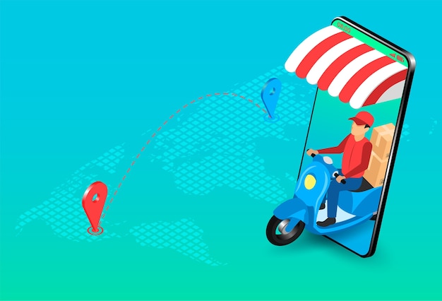 Delivery express by parcel delivery person with scooter by e-commerce system on smartphone. isometric flat design.